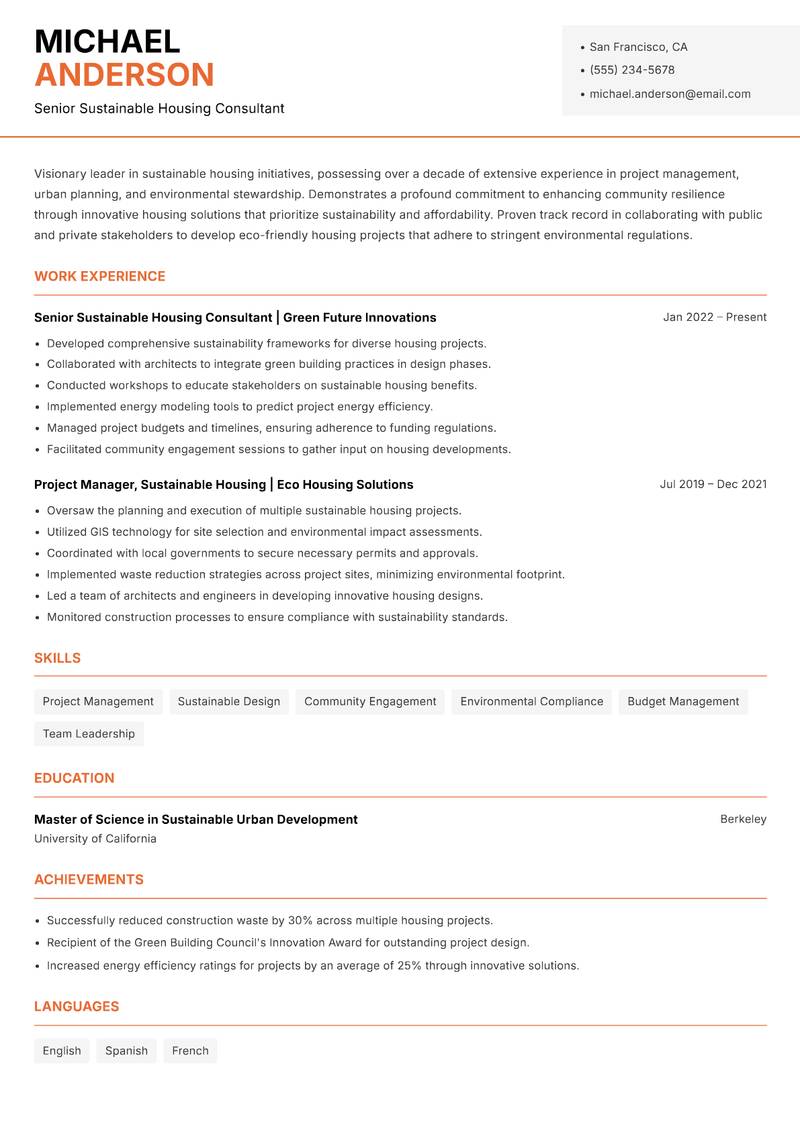 Sustainable Housing Manager Resume Template