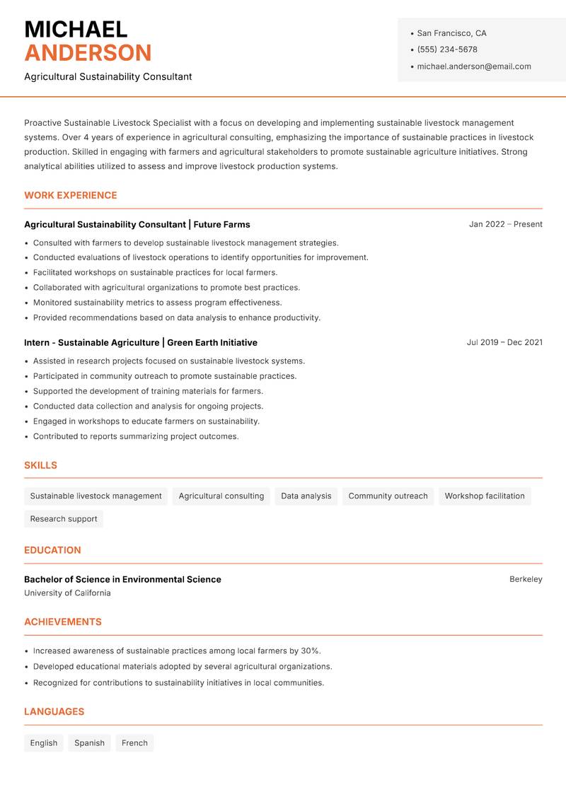 Sustainable Livestock Specialist Resume Template