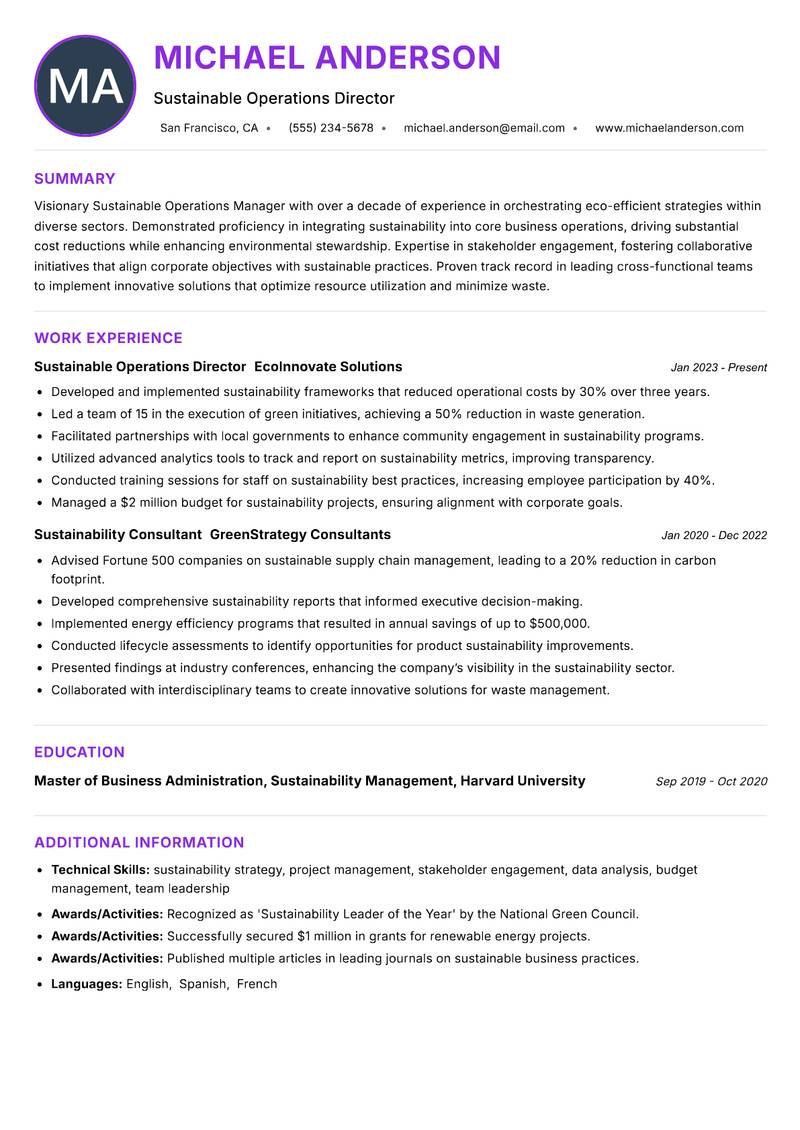 Sustainable Operations Manager Resume Preview Example