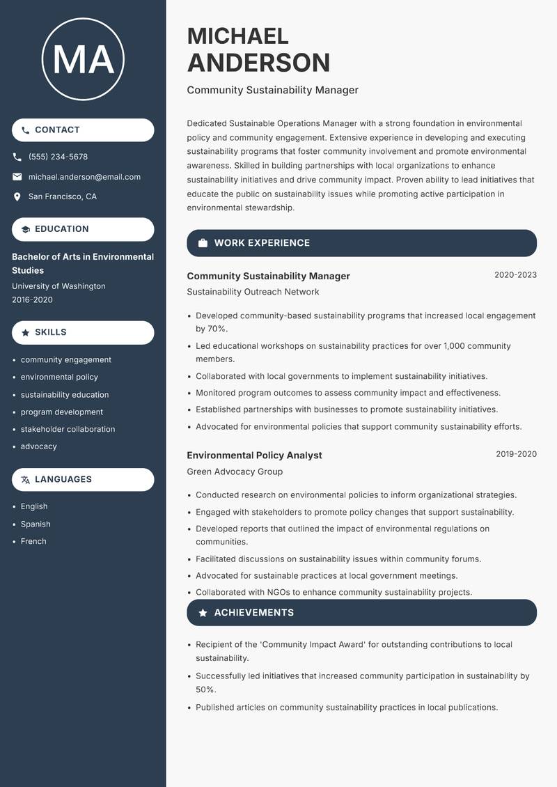 Sustainable Operations Manager Resume Preview Example