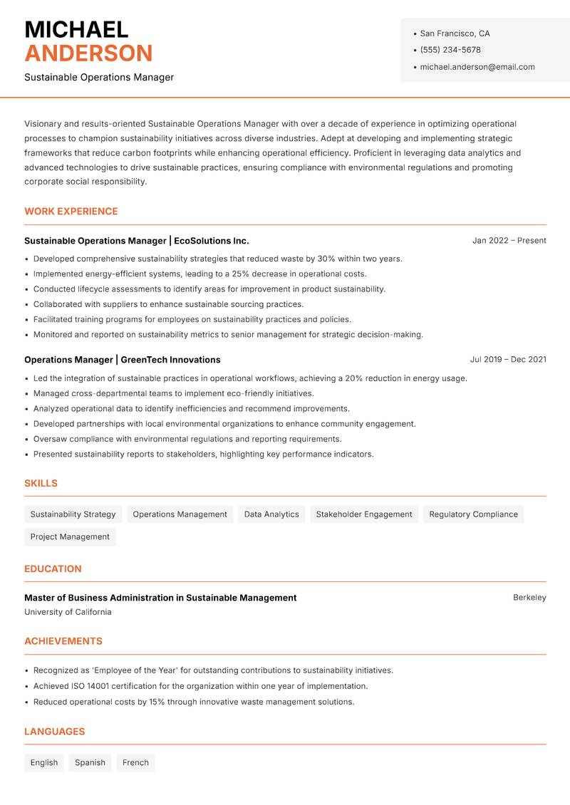 Sustainable Operations Manager Resume Template