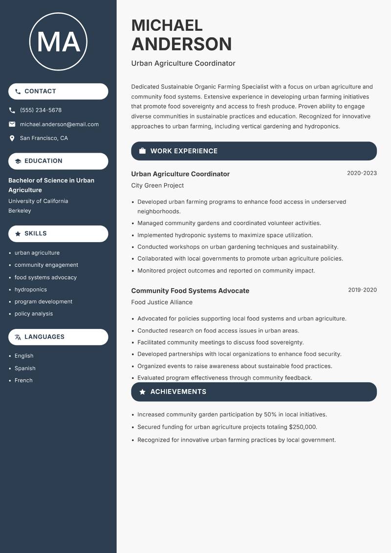 Sustainable Organic Farming Specialist Resume Preview Example