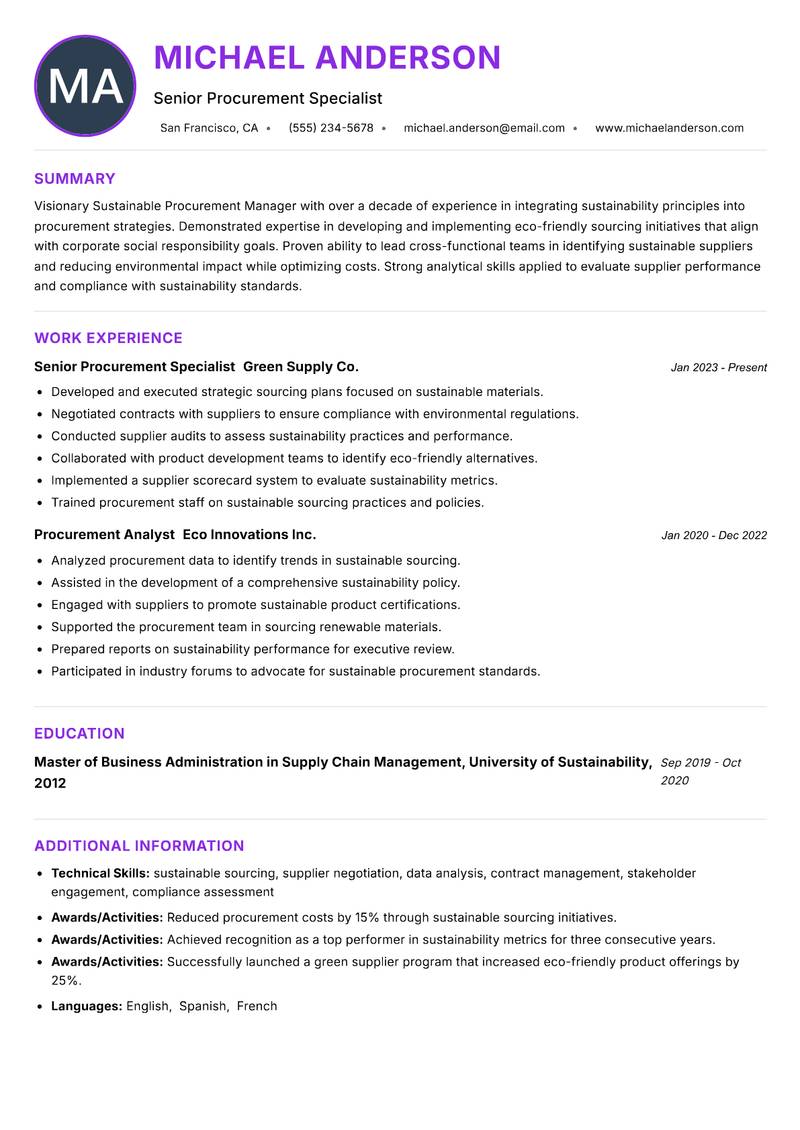 Sustainable Procurement Manager Resume Preview Example
