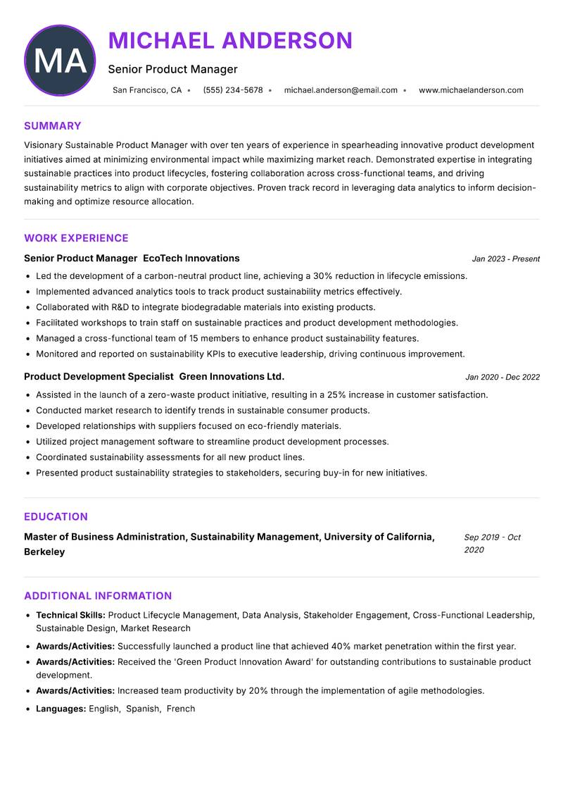 Sustainable Product Manager Resume Preview Example
