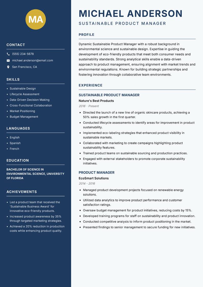 Sustainable Product Manager Resume Preview Example