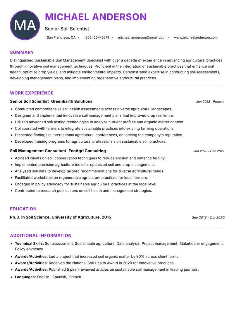 Sustainable Soil Management Specialist Resume Preview Example