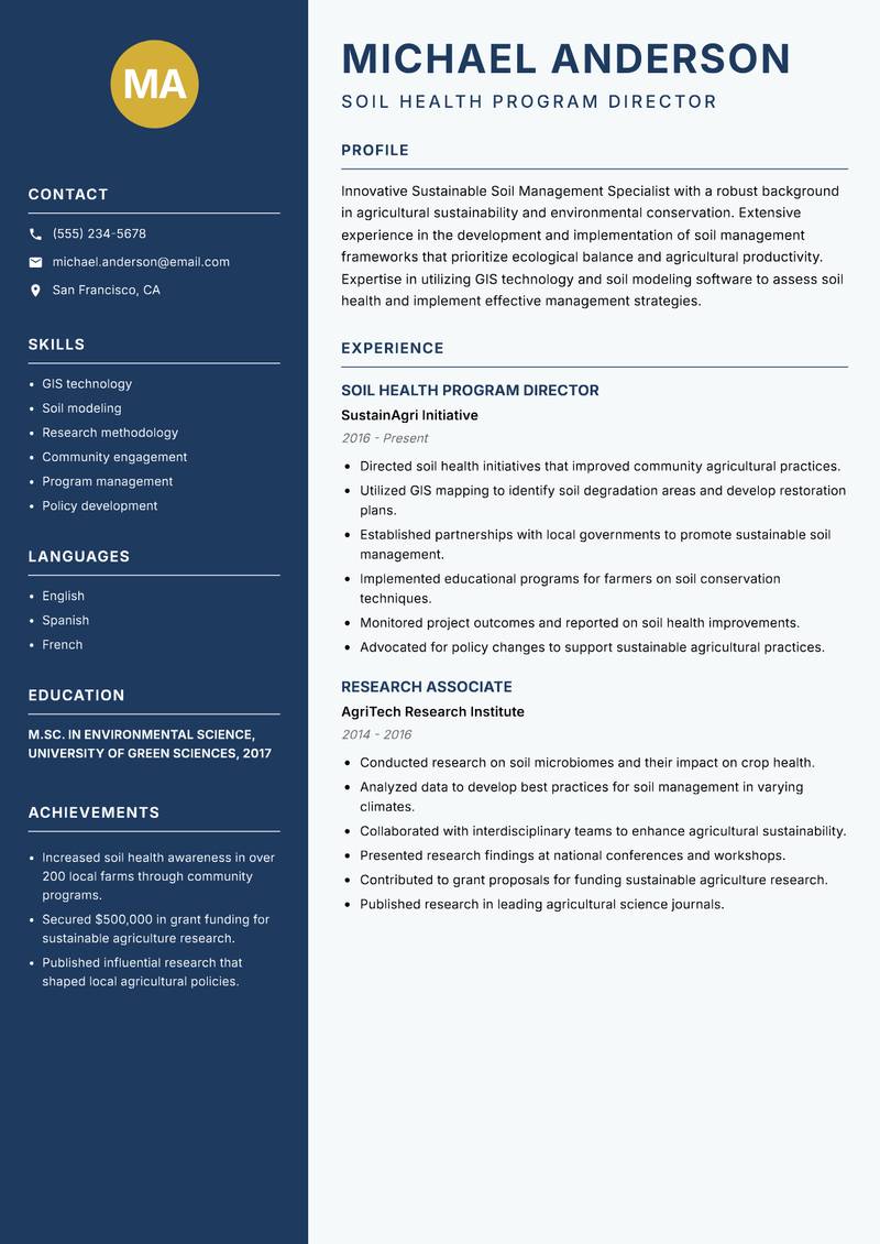Sustainable Soil Management Specialist Resume Preview Example