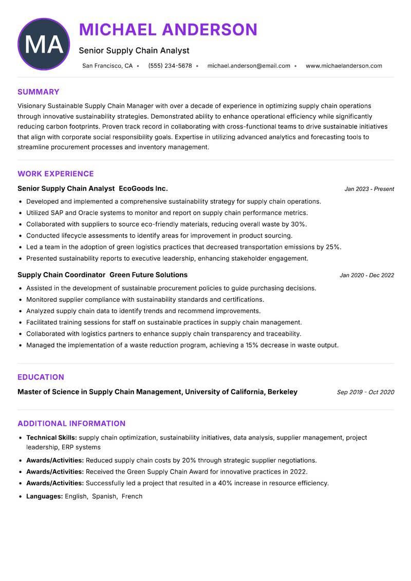 Sustainable Supply Chain Manager Resume Preview Example