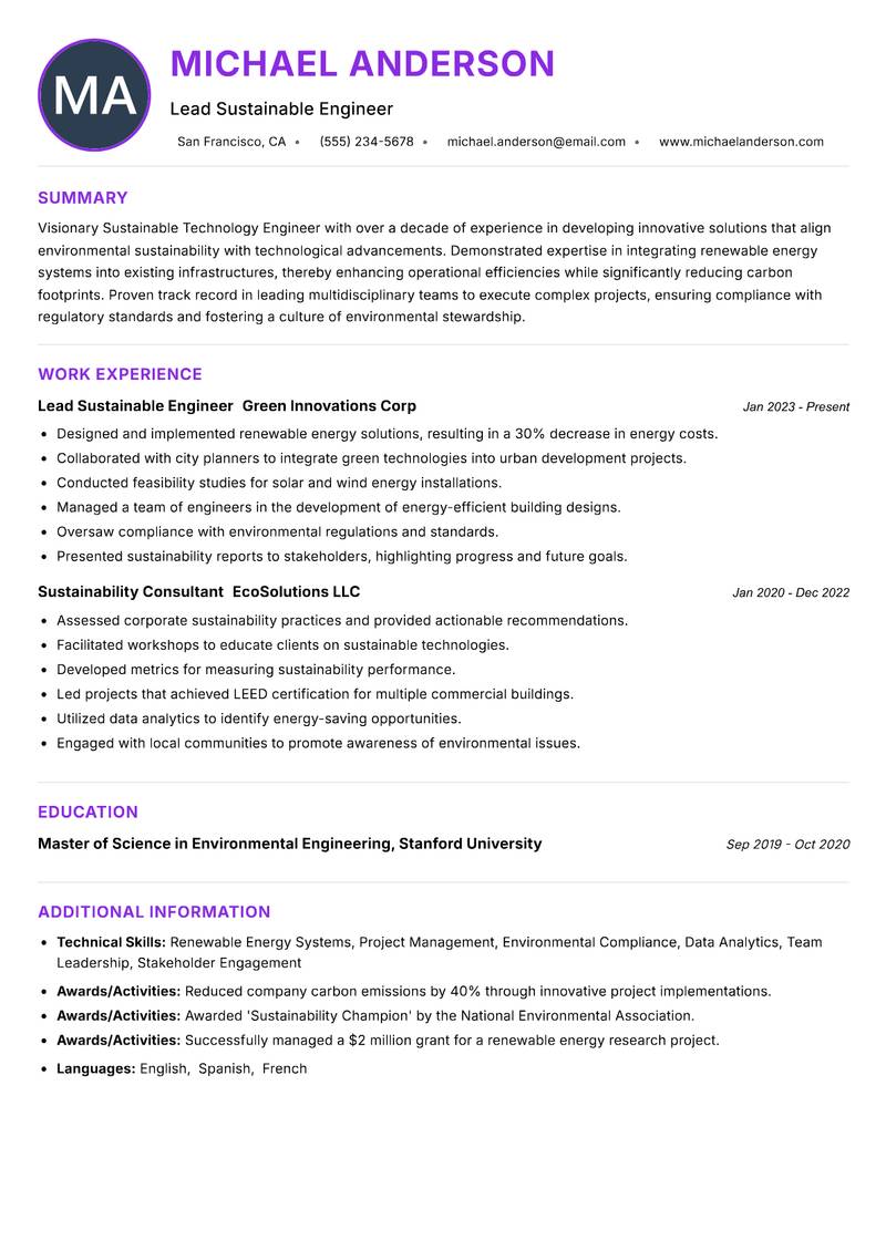 Sustainable Technology Engineer Resume Preview Example