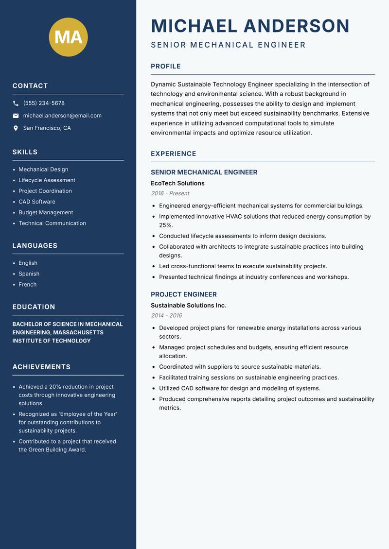 Sustainable Technology Engineer Resume Preview Example