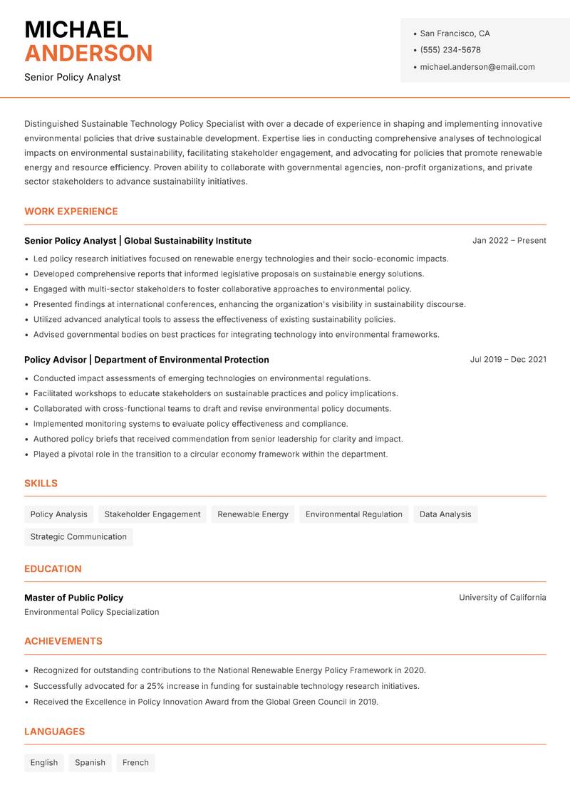 Sustainable Technology Policy Specialist Resume Template