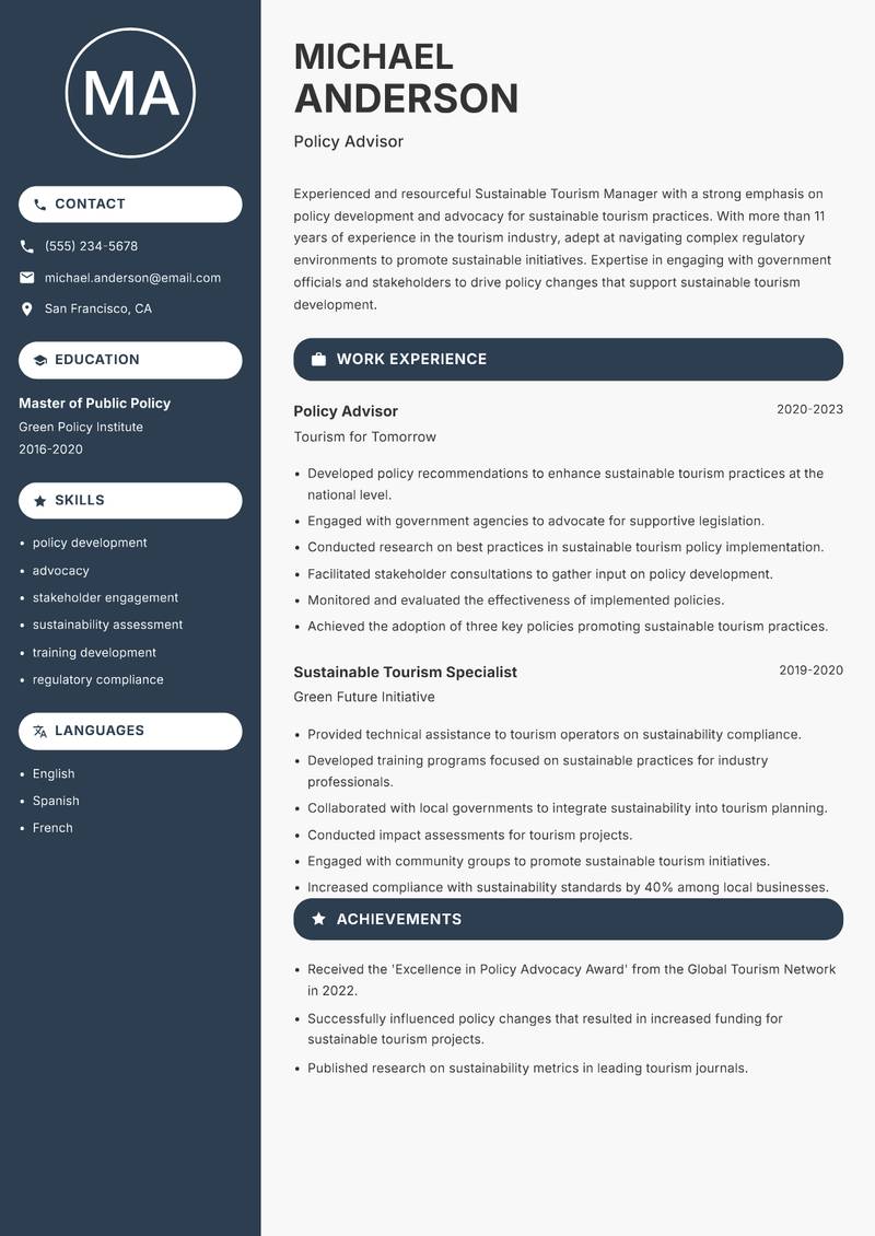 Sustainable Tourism Manager Resume Preview Example