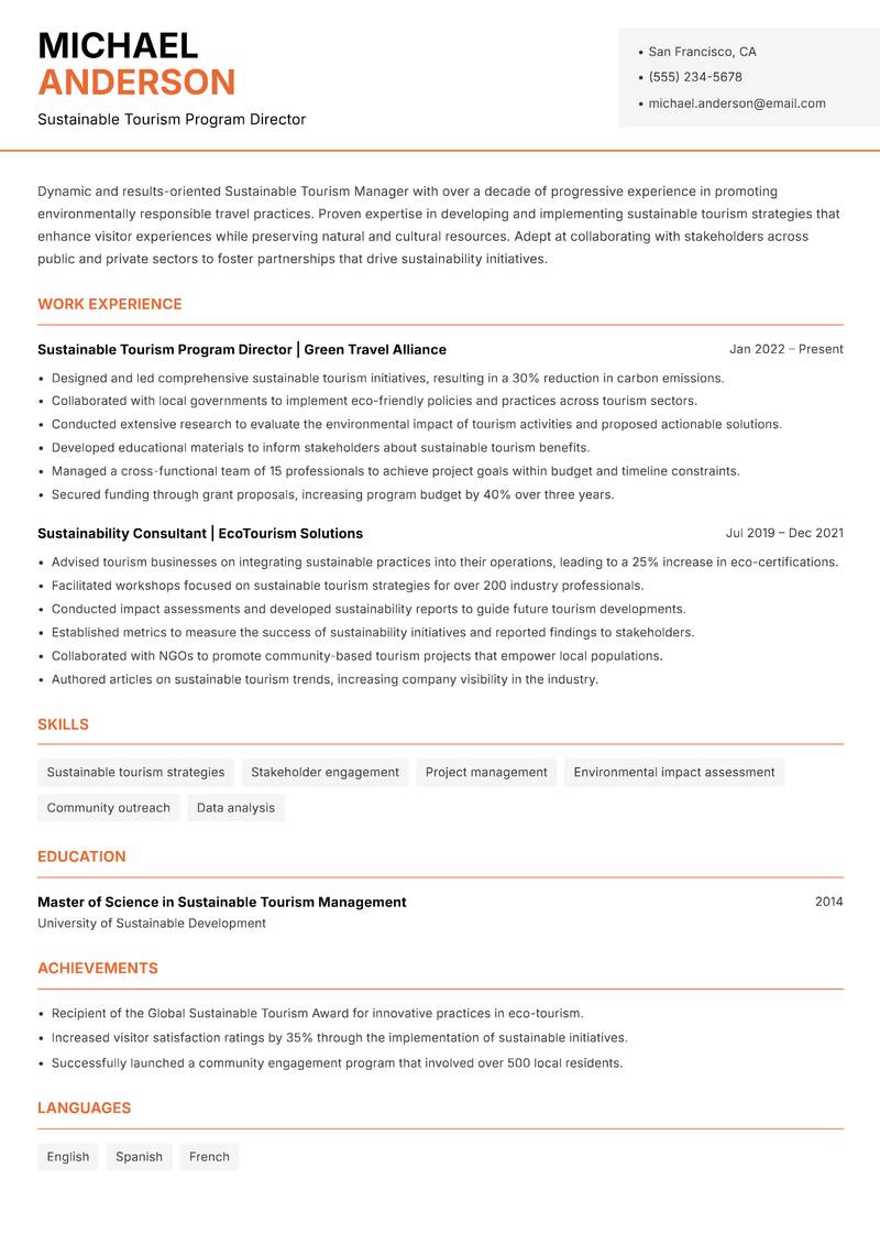 Sustainable Tourism Manager Resume Template