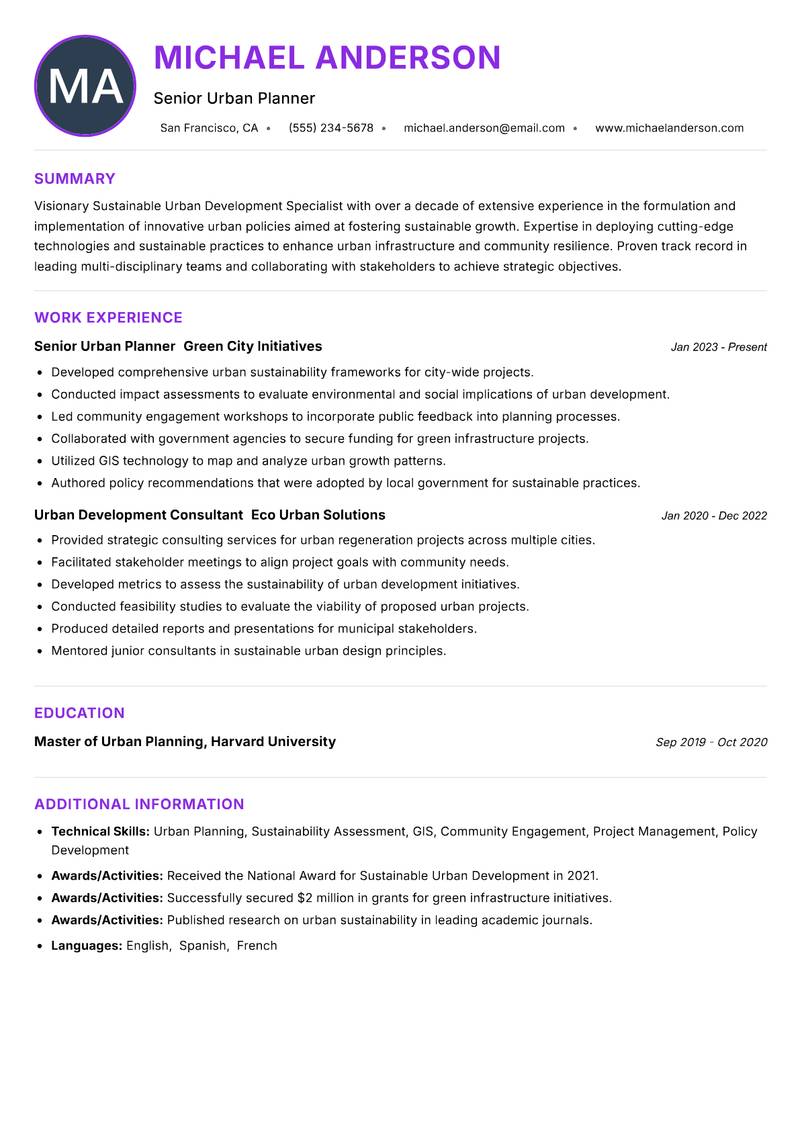 Sustainable Urban Development Specialist Resume Preview Example