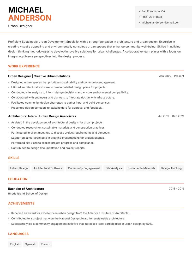 Sustainable Urban Development Specialist Resume Template