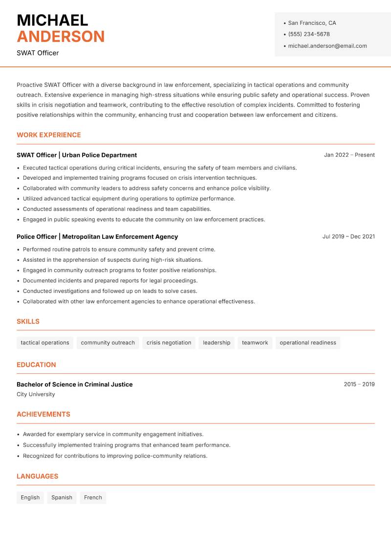 SWAT Officer Resume Template