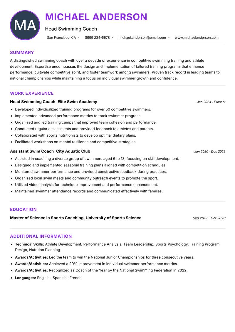 Swimming Coach Resume Preview Example