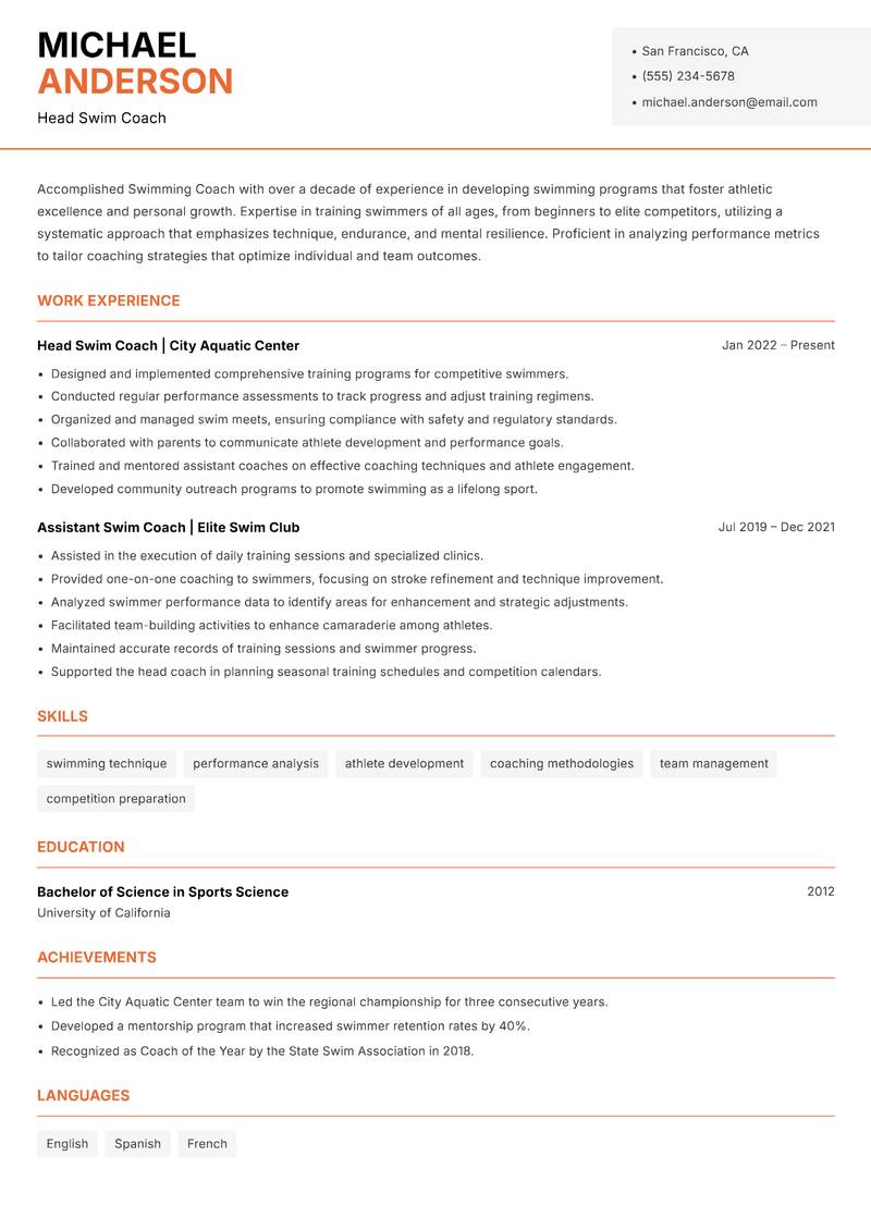 Swimming Coach Resume Template