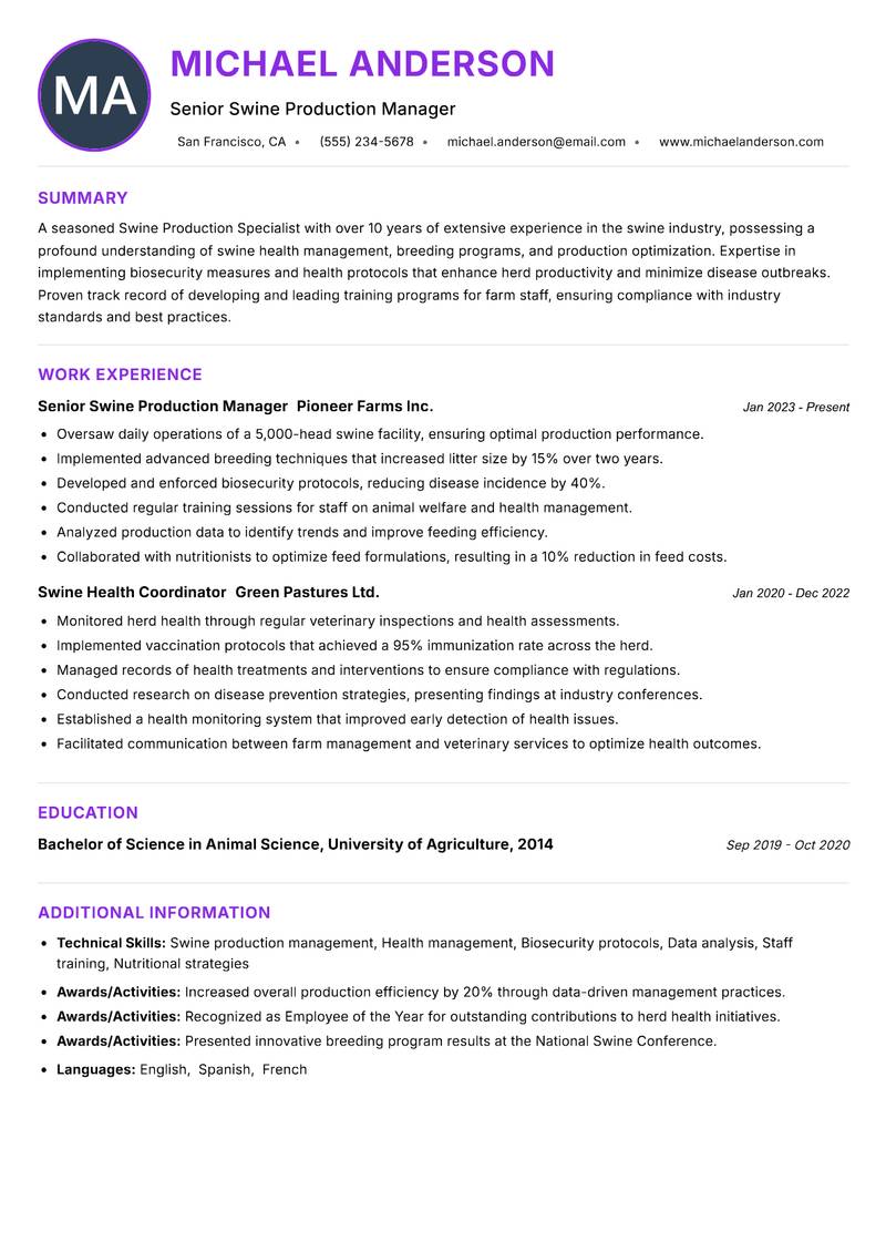 Swine Production Specialist Resume Preview Example