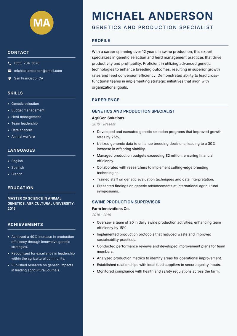 Swine Production Specialist Resume Preview Example