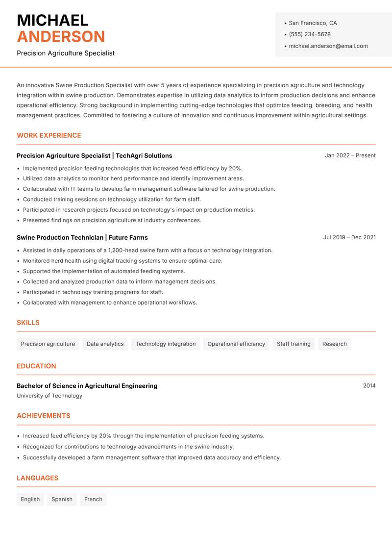 Swine Production Specialist Resume Template
