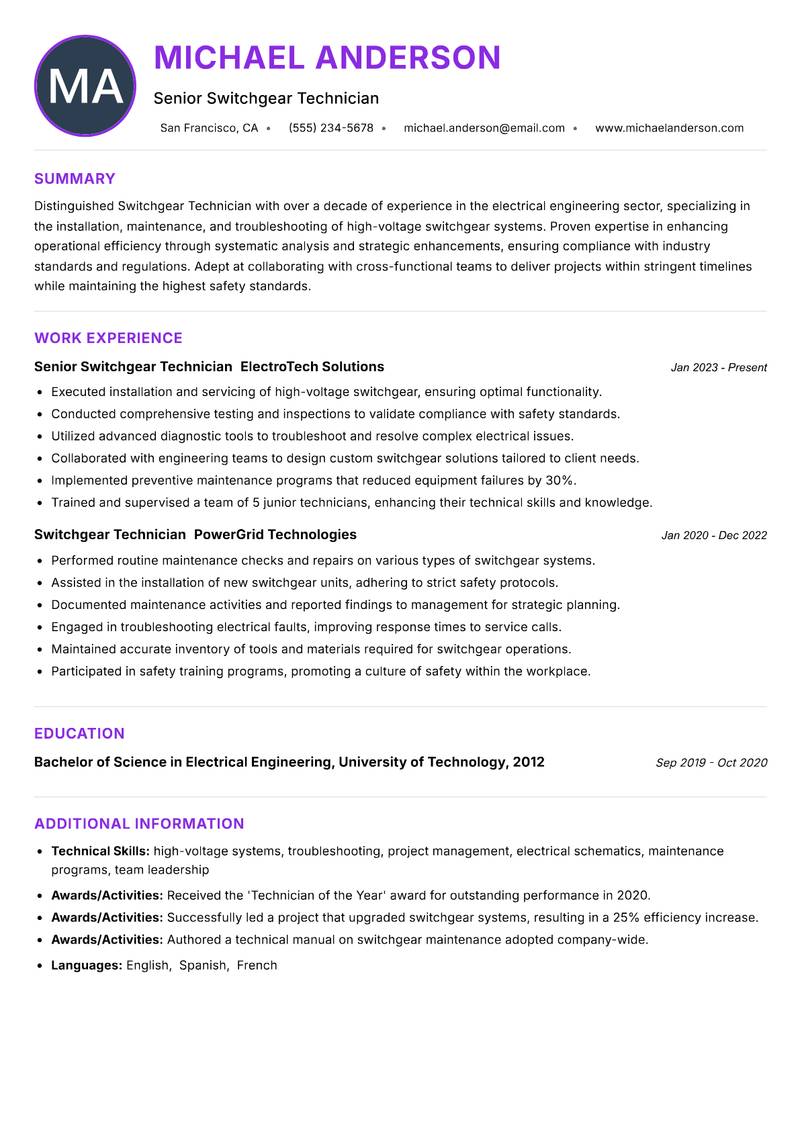 Switchgear Technician Resume Preview Example