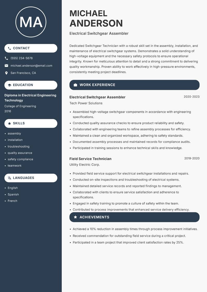 Switchgear Technician Resume Preview Example