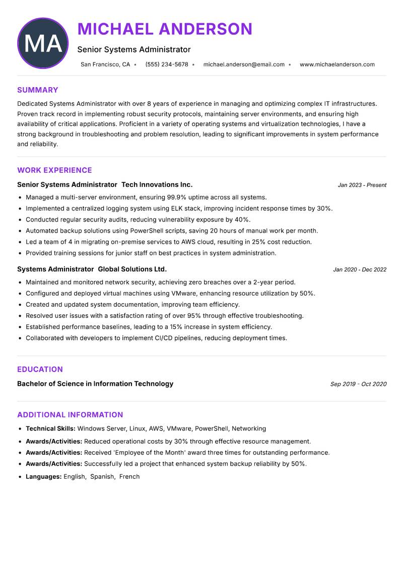 Systems Administrator Resume Preview Example