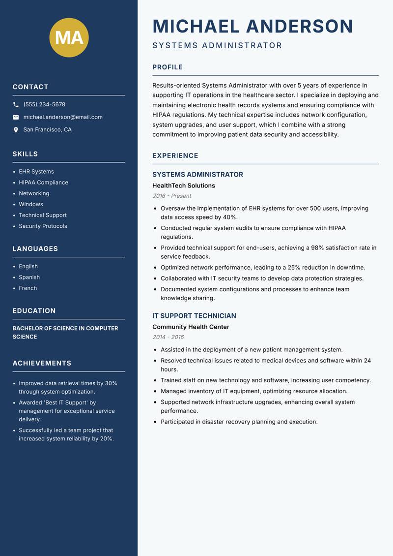 Systems Administrator Resume Preview Example