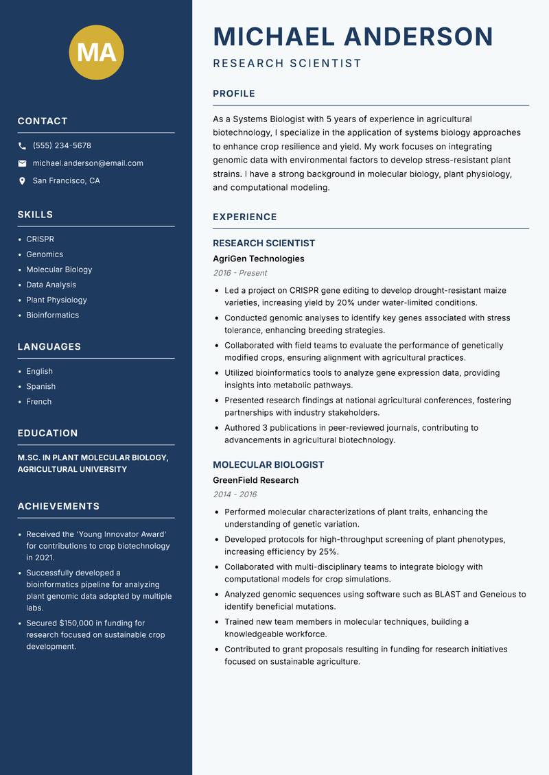 Systems Biologist Resume Preview Example