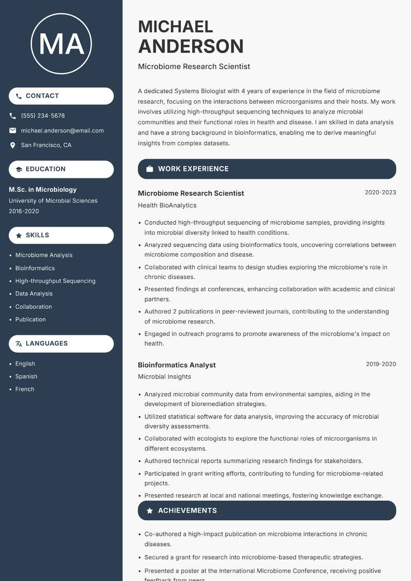 Systems Biologist Resume Preview Example