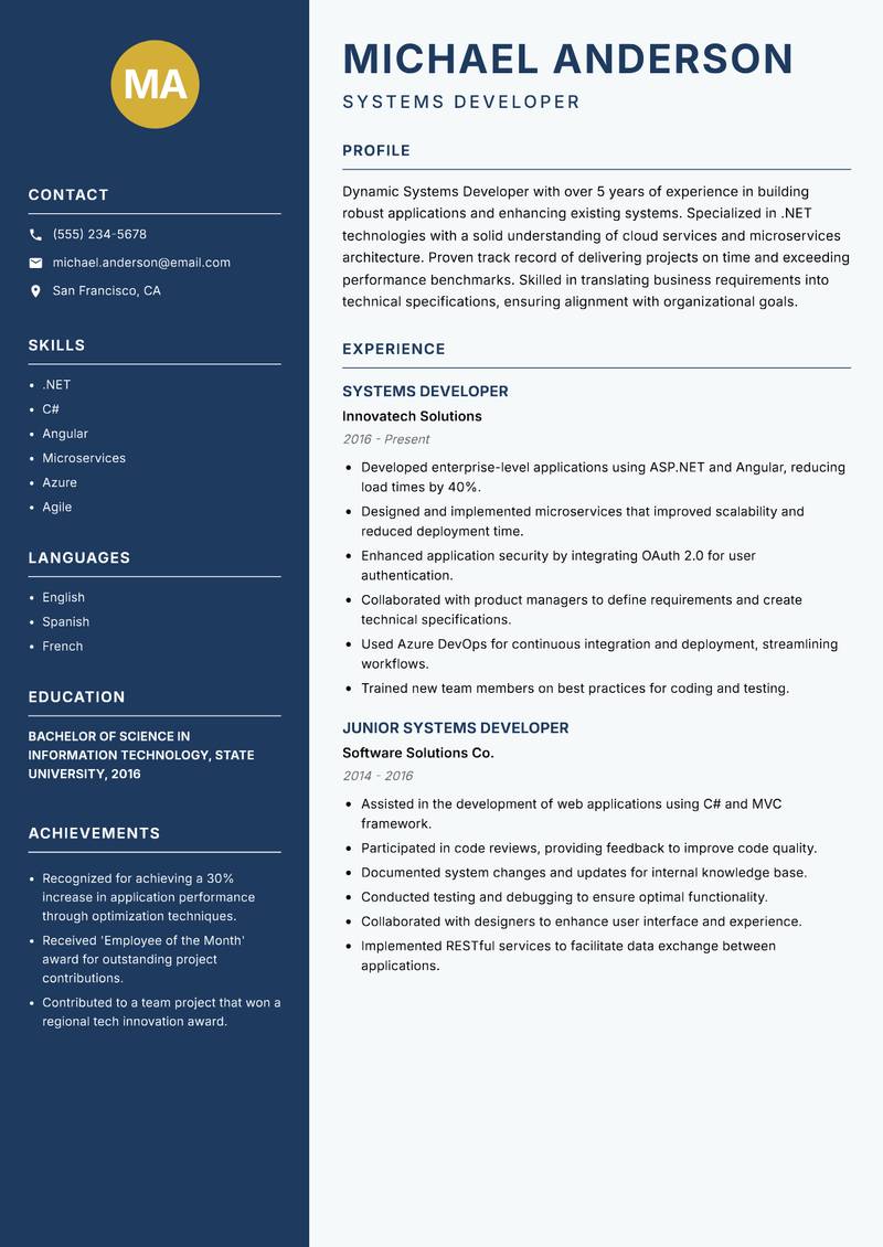 Systems Developer Resume Preview Example