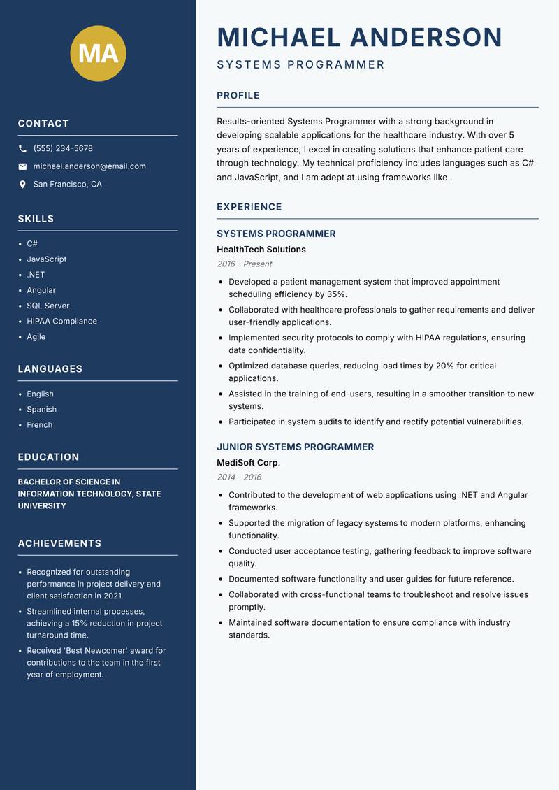 Systems Programmer Resume Preview Example