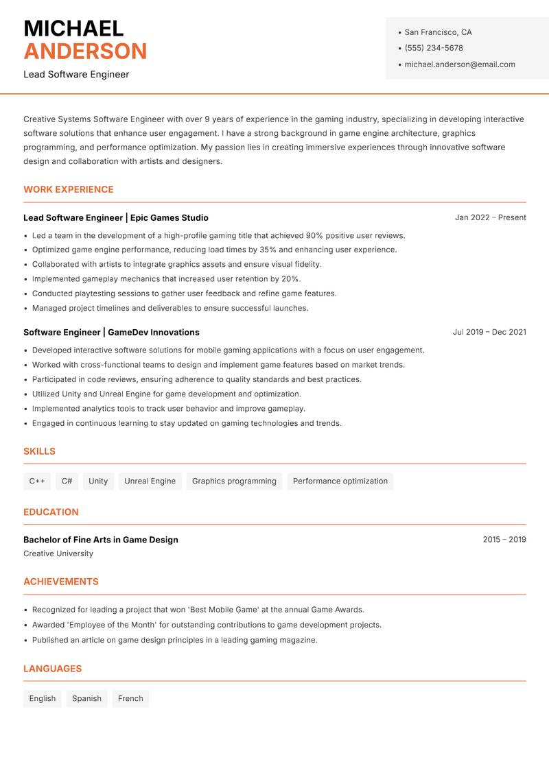 Systems Software Engineer Resume Template