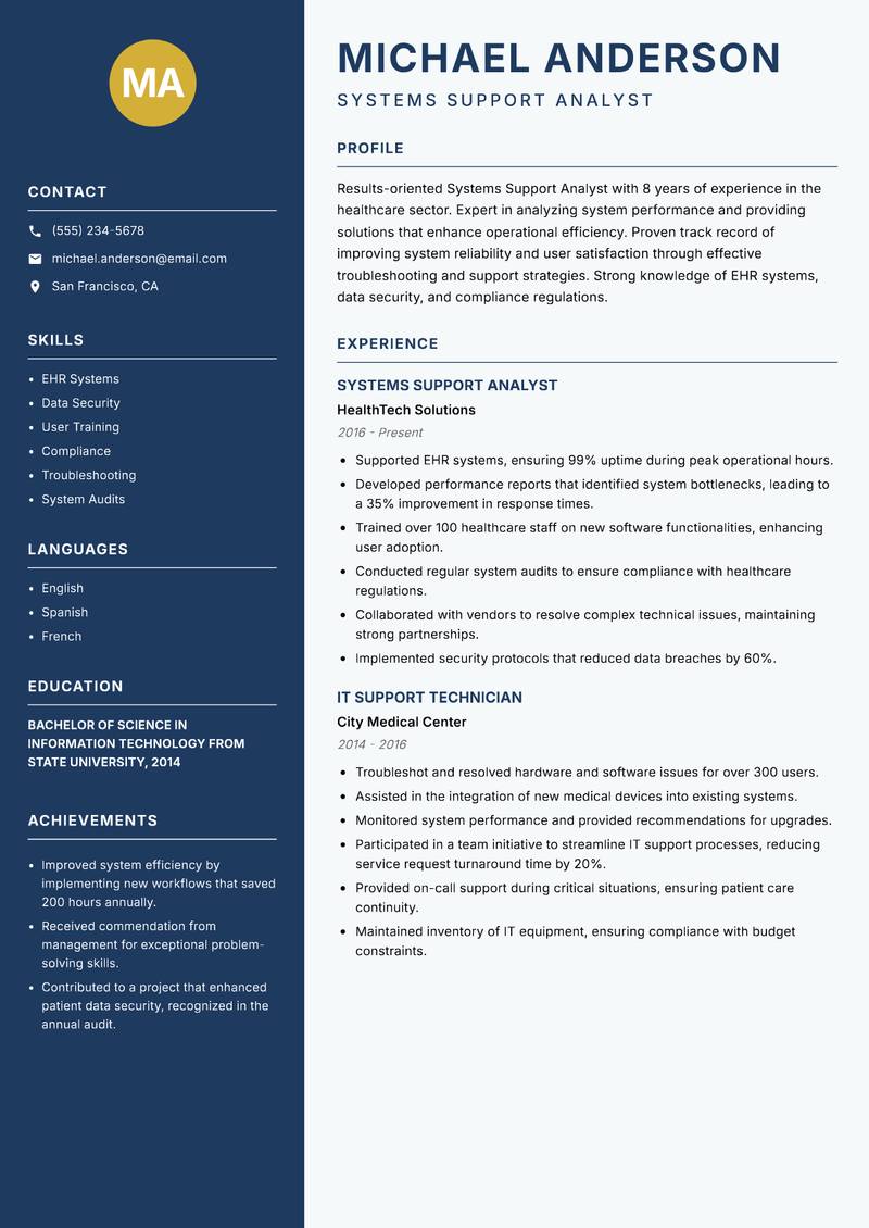 Systems Support Analyst Resume Preview Example