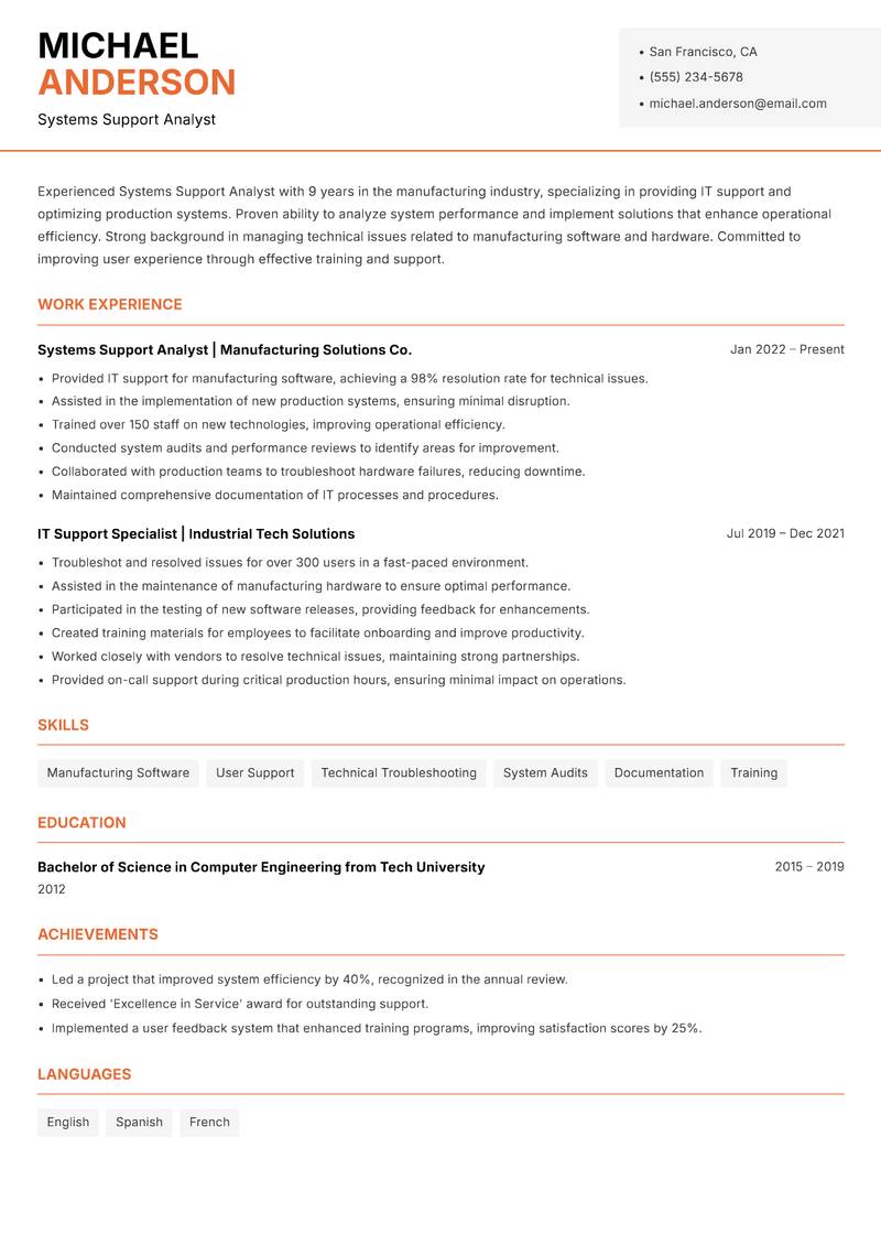 Systems Support Analyst Resume Template