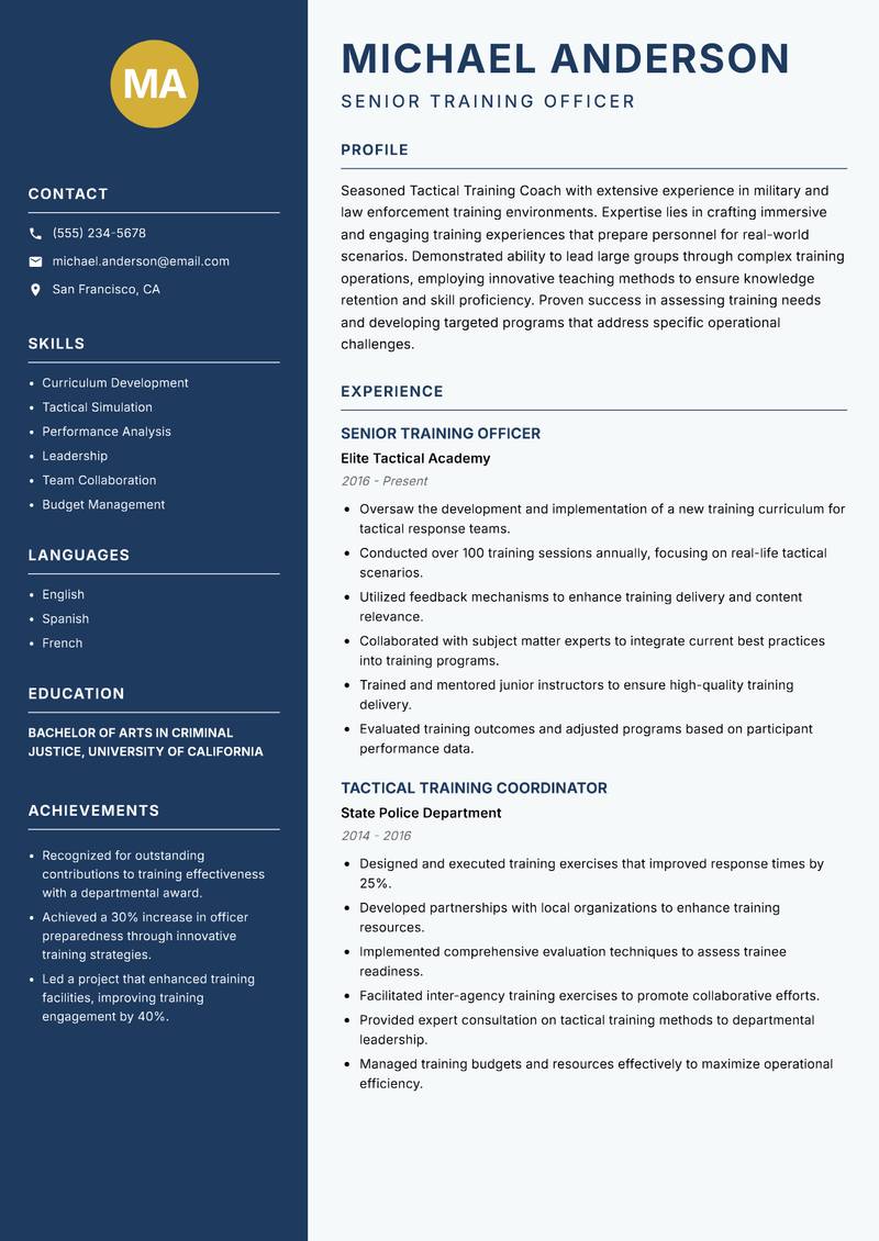 Tactical Training Coach Resume Preview Example
