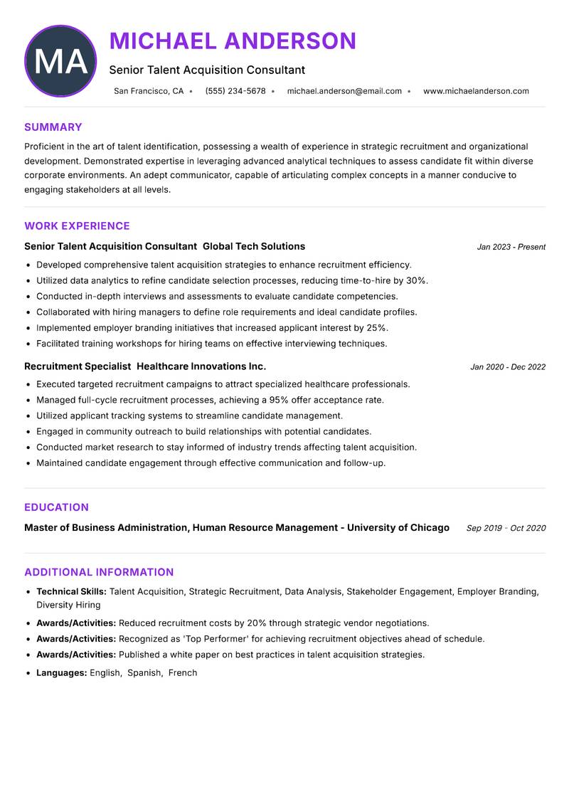 Talent Identification Specialist Resume Preview Example
