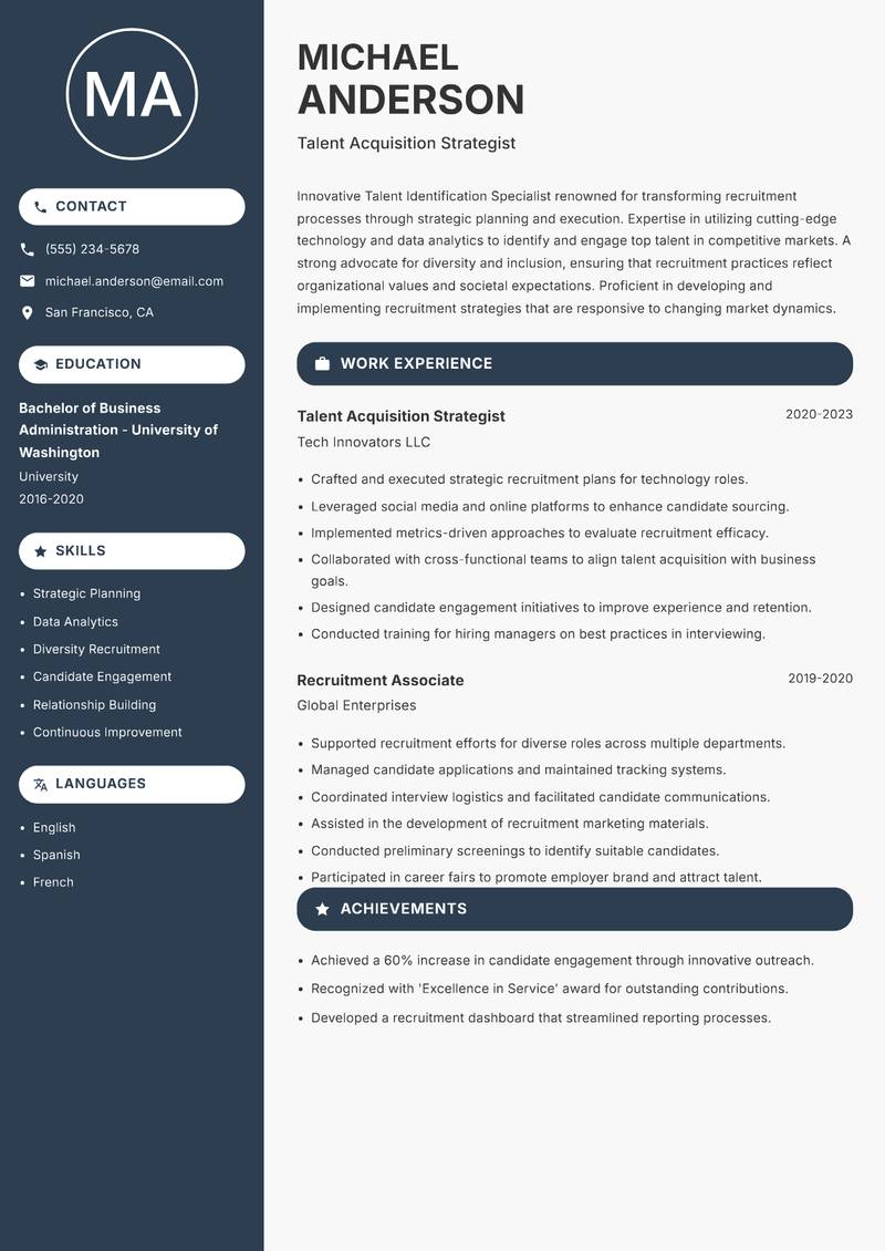 Talent Identification Specialist Resume Preview Example
