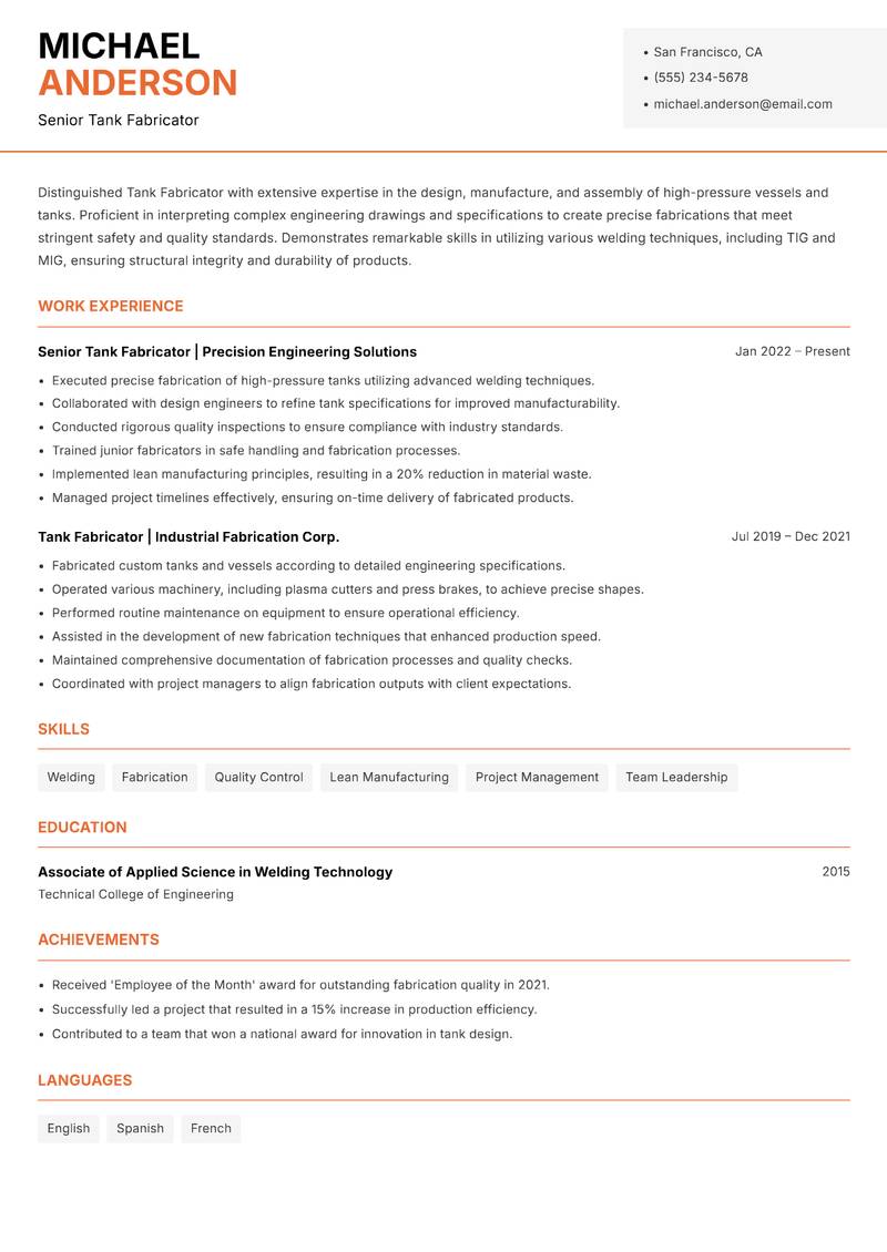 Tank Fabricator Resume Template