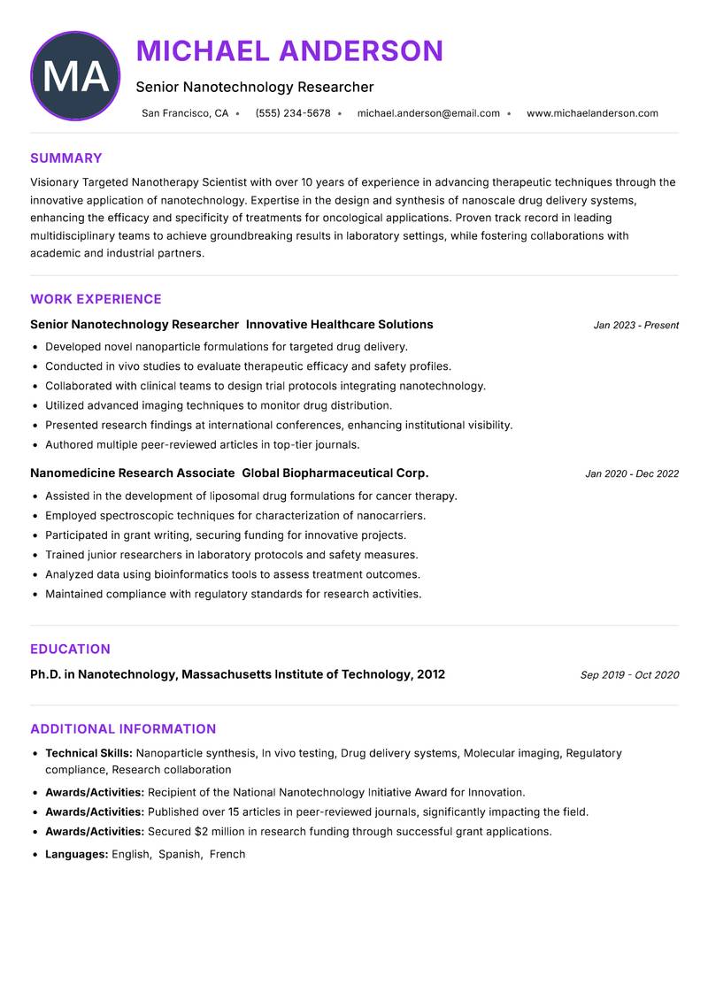 Targeted Nanotherapy Scientist Resume Preview Example