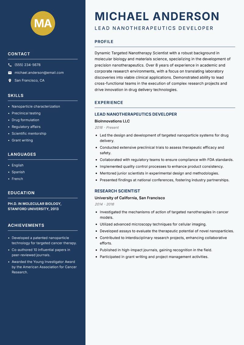 Targeted Nanotherapy Scientist Resume Preview Example