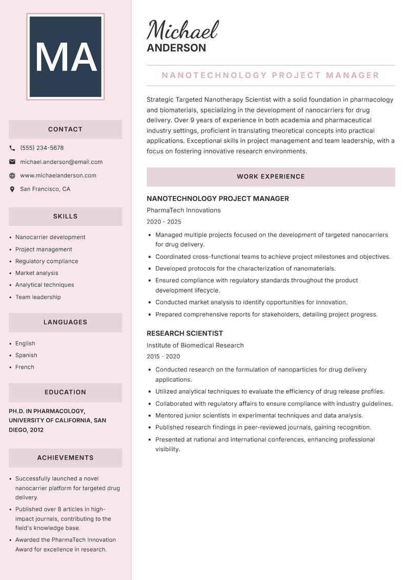 Targeted Nanotherapy Scientist Resume Preview Example