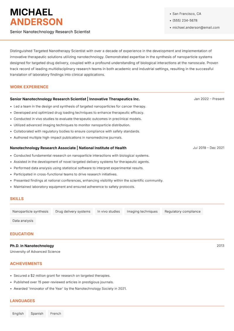 Targeted Nanotherapy Scientist Resume Template