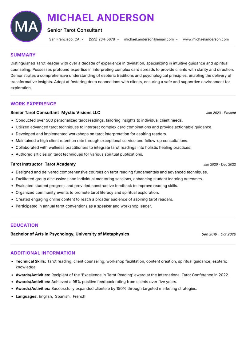 Tarot Reader Resume Preview Example