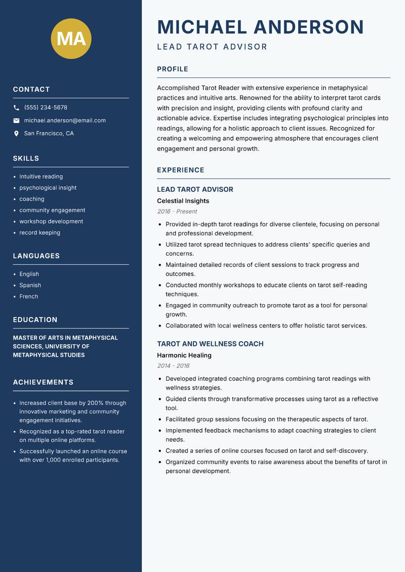 Tarot Reader Resume Preview Example