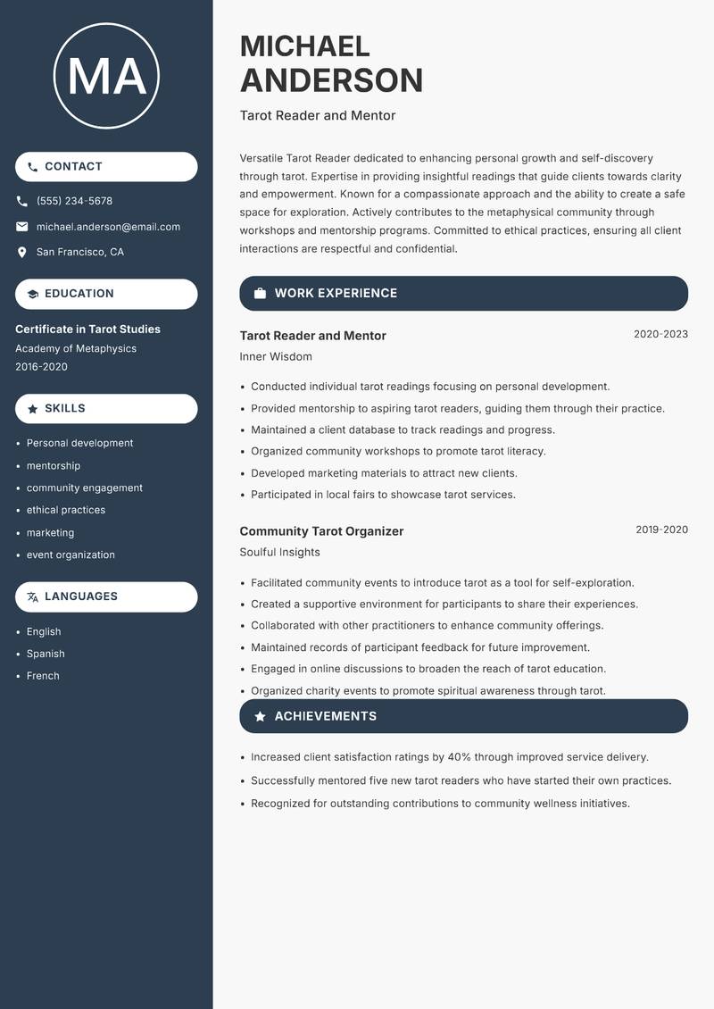 Tarot Reader Resume Preview Example
