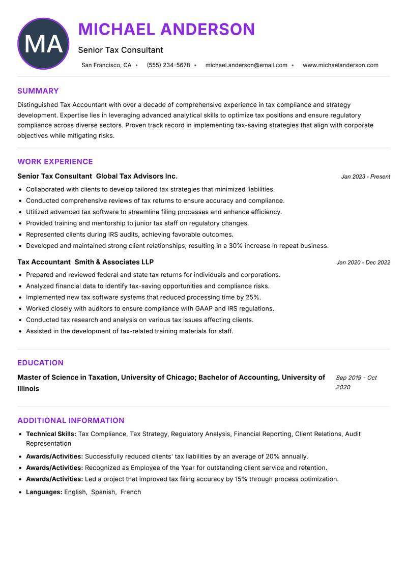 Tax Accountant Resume Preview Example