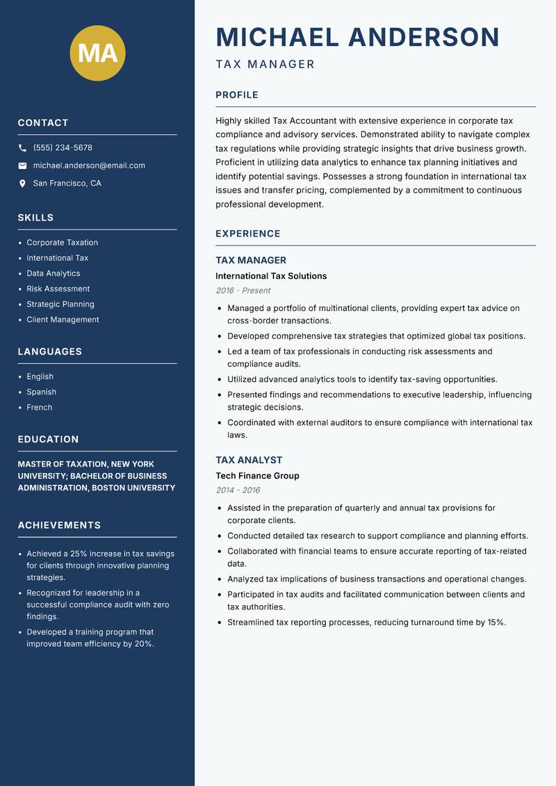 Tax Accountant Resume Preview Example