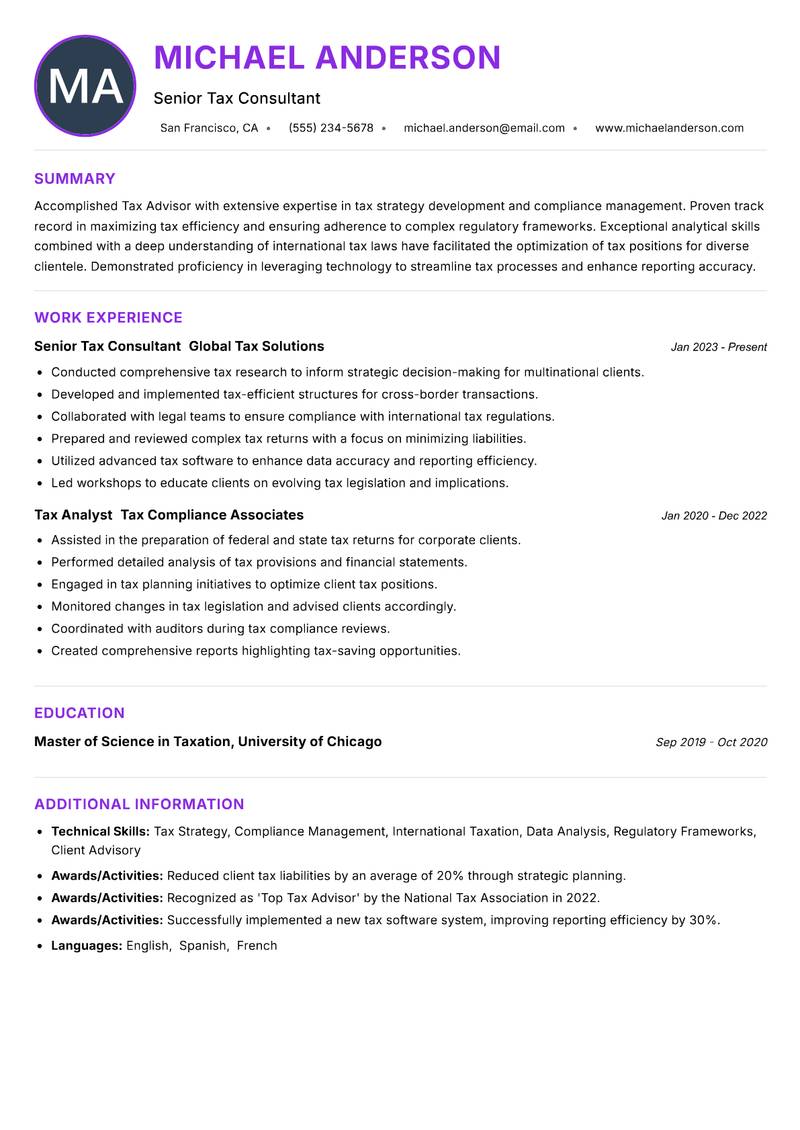Tax Advisor Resume Preview Example